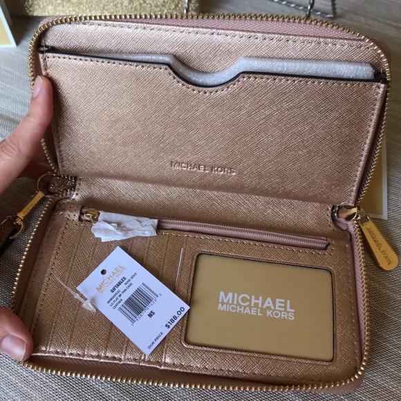 Michael Kors Rose Gold Glitter Phn Case Zip Wallet - Picture 5 of 6